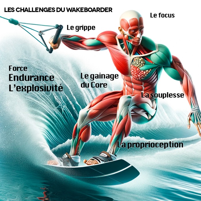 illustration représentant un wakeboarder qui glisse sur l'eau avec une infographie des parties du corps du wakeboarder